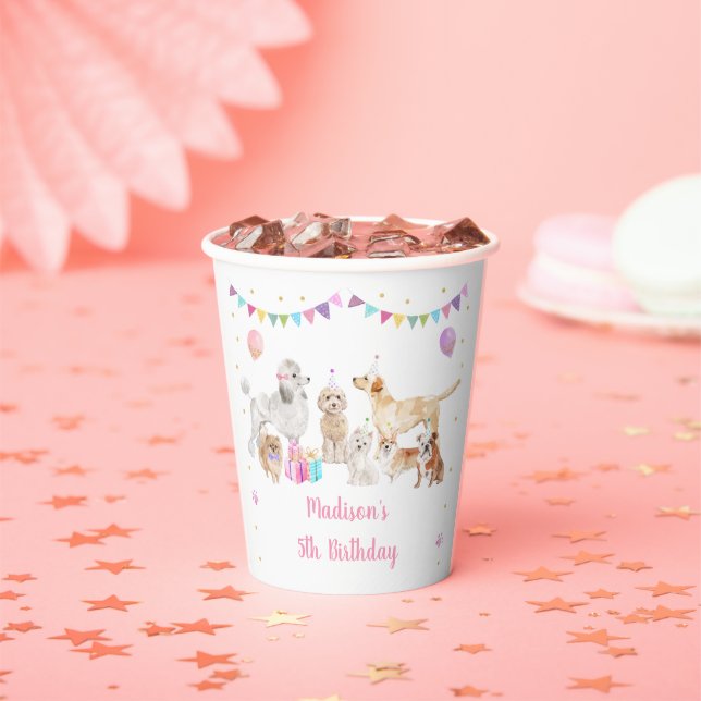 Puppy Dog Pink Gold Paw-ty Girl Birthday Paper Cups (Insitu)