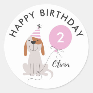 Puppy Dog Pink Happy Birthday Tag Sticker