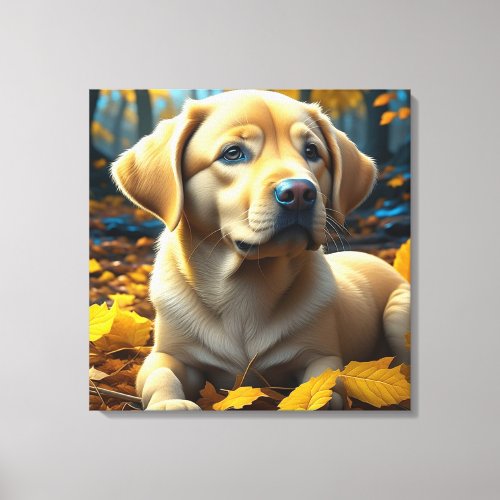 Puppy Dog Playing in Fall Leaves   Canvas Print