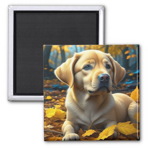 Puppy Dog Playing in Fall Leaves   Magnet