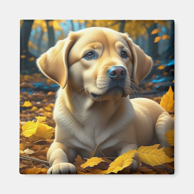 Puppy Dog Playing in Fall Leaves   Magnet (Front)