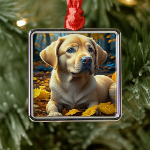 Puppy Dog Playing in Fall Leaves   Metal Ornament