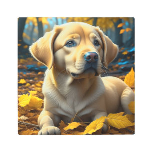 Puppy Dog Playing in Fall Leaves Metal Print