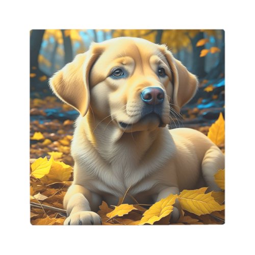 Puppy Dog Playing in Fall Leaves   Metal Print