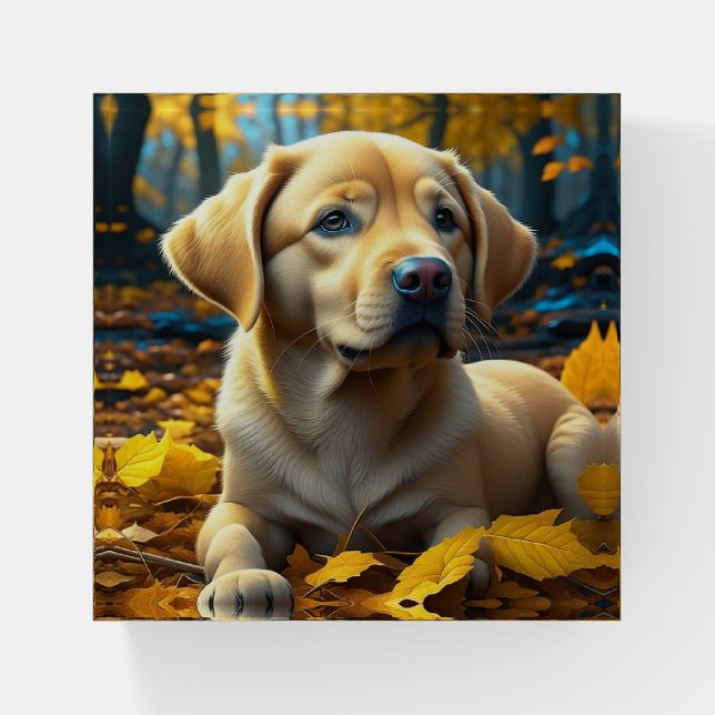 Puppy Dog Playing in Fall Leaves   Paperweight (Front)