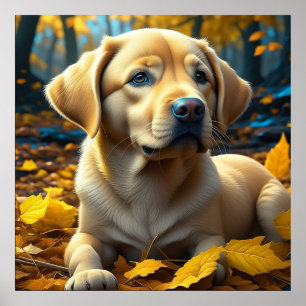 Puppy Dog Playing in Fall Leaves Poster