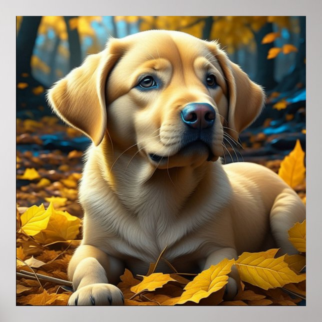 Puppy Dog Playing in Fall Leaves   Poster (Front)