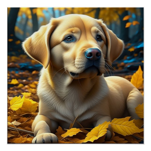 Puppy Dog Playing in Fall Leaves   Poster (Front)