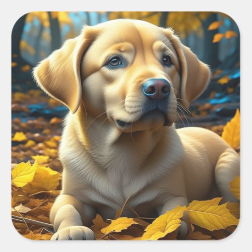 Puppy Dog Playing in Fall Leaves Square Sticker