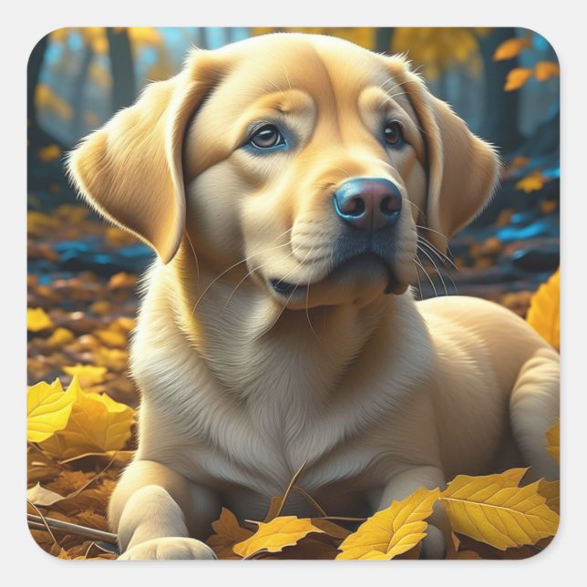 Puppy Dog Playing in Fall Leaves Square Sticker (Front)