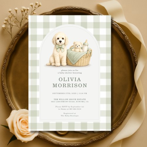 Puppy Dog Sage Green Gingham Baby Shower Invitation