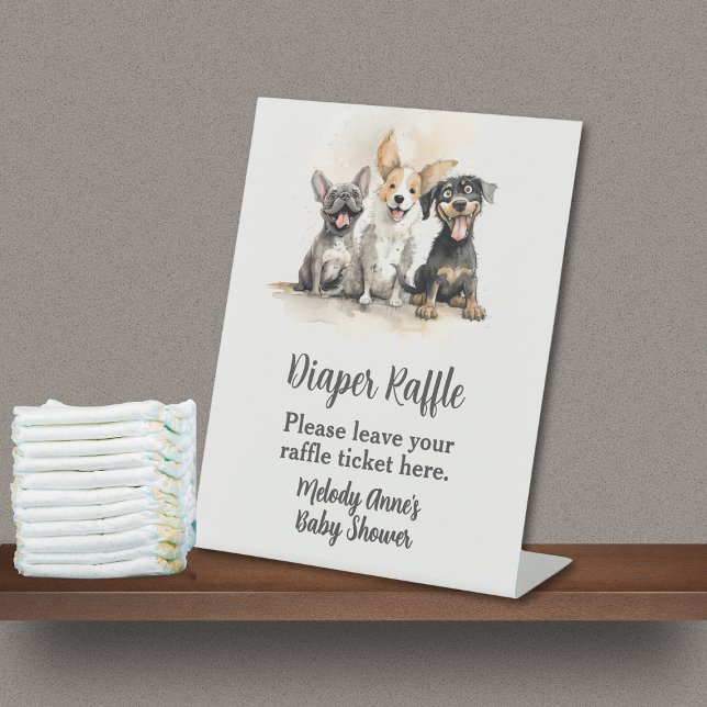 Puppy Dog Tails Baby Boy Shower Diaper Raffle Pedestal Sign (Diaper Raffle Table Top Sign for Puppy Dog Tails Baby Shower with trio of playful pups, Mom's Name.)