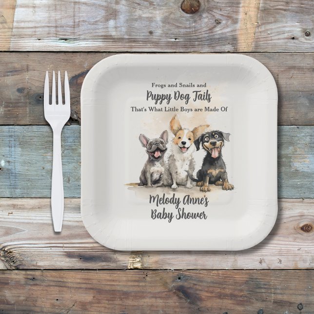 Puppy Dog Tails Boy Baby Shower Paper Plates (Boy Baby Shower Puppy Dog Tails with Watercolor Puppies, Shower Details, Mom's Name.)
