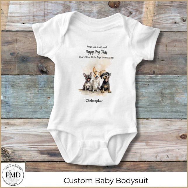 Puppy Dog Tails Rhyme Baby Boy Personalized Baby Bodysuit (Puppy Dog Tails Nursery Rhyme Baby Boy Personalized Bodysuit with Watercolor Puppies, Boy's Name.)