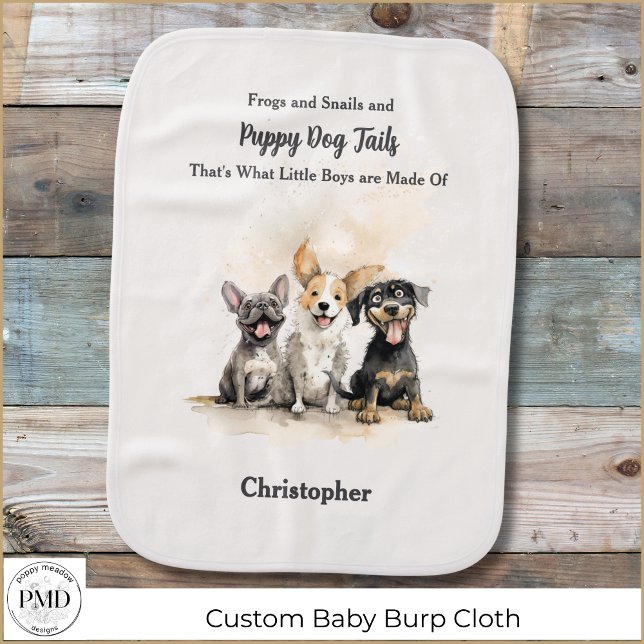 Puppy Dog Tails Rhyme Baby Boy Personalized Baby Burp Cloth (Puppy Dog Tails Nursery Rhyme Baby Boy Personalized Burp Cloth with Dogs, Name, Poem.)