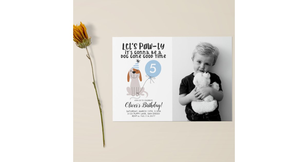 Puppy Dog Theme Birthday Party Blue Photo Invitation | Zazzle