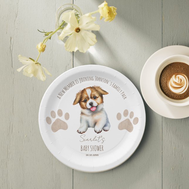 Puppy dog themed baby shower table decor paper plates (Puppy dog themed baby shower personalized table decor monogrammed paper plates cute puppy plates)