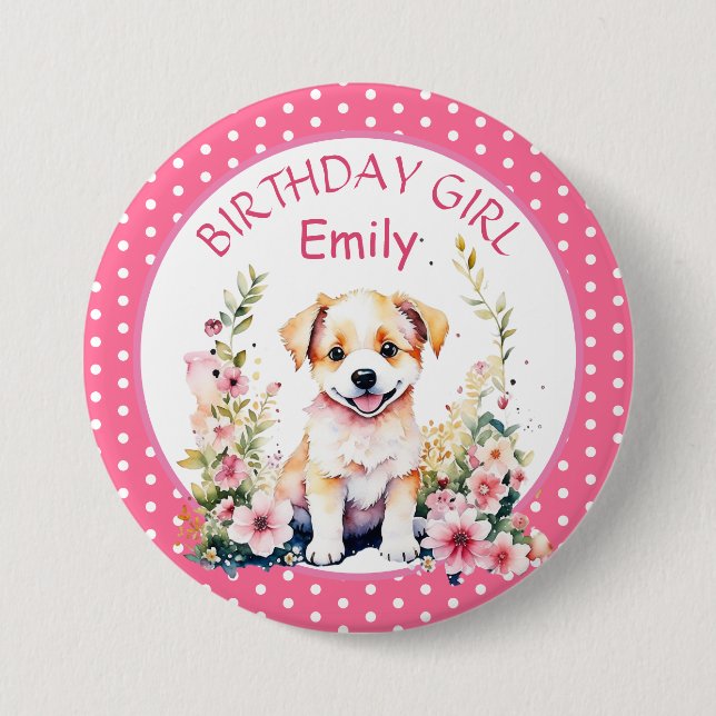 Puppy Dog Themed Personalized Birthday Button (Front)