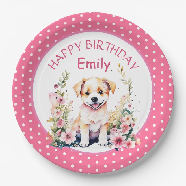Puppy Dog Themed Personalized Birthday Paper Plates (Front)
