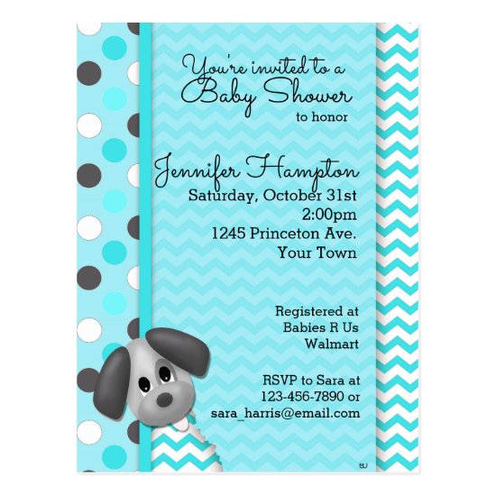 Puppy Dog Turquoise Baby Shower Postcard Invitatio