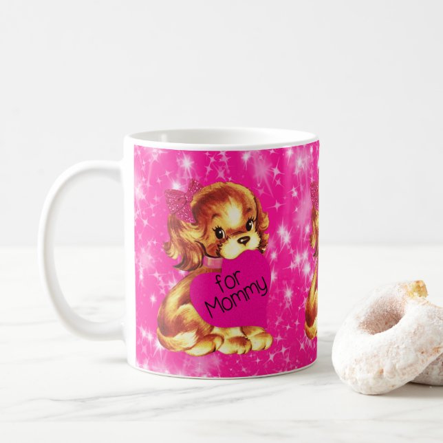 Puppy Dog Valentine for Mommy Fuschia Stars Coffee Mug (With Donut)