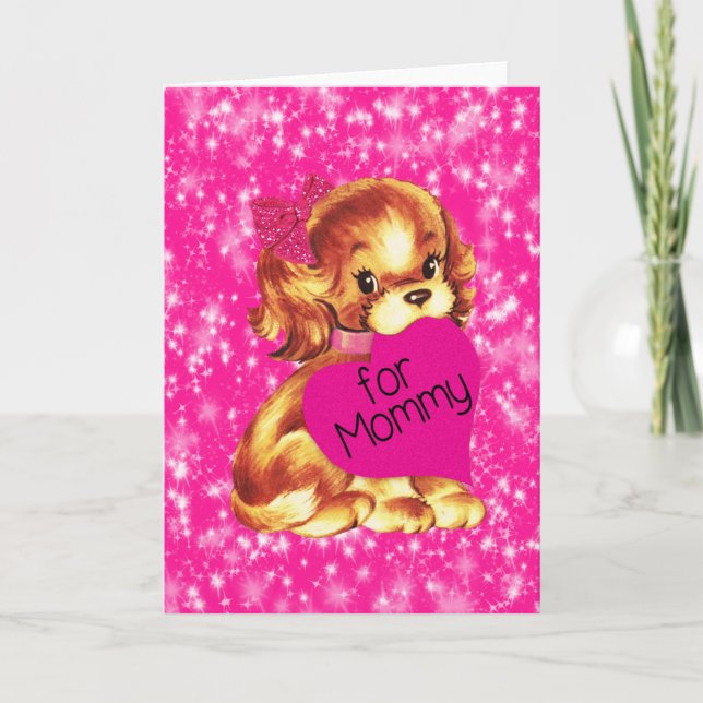 Puppy Dog Valentine for Mommy Fuschia Stars Holiday Card (Front)