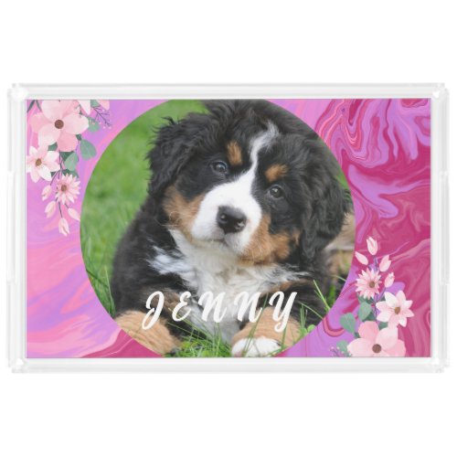 Puppy Dog Watercolor Pink Floral Housewarming Gift Acrylic Tray