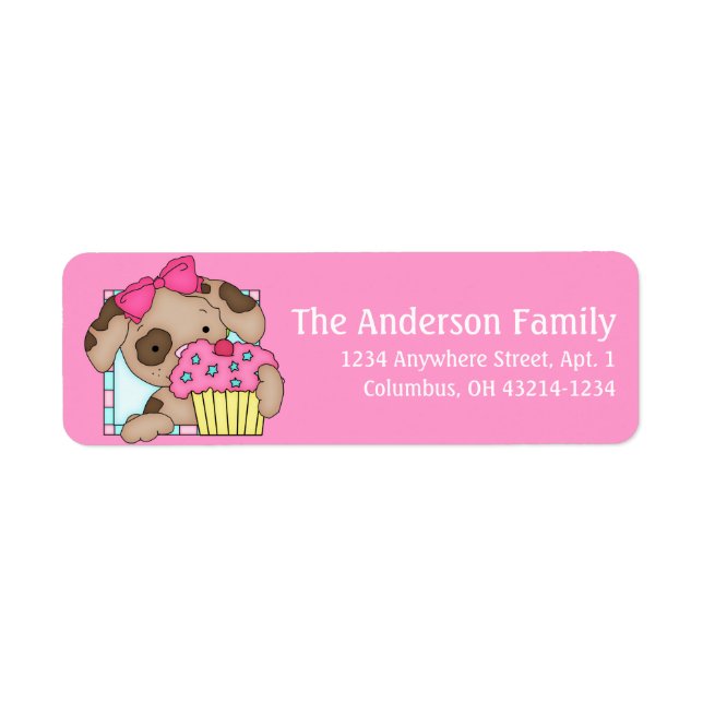 Puppy Dog with Cupcake Birthday Address Labels d1 (Front)