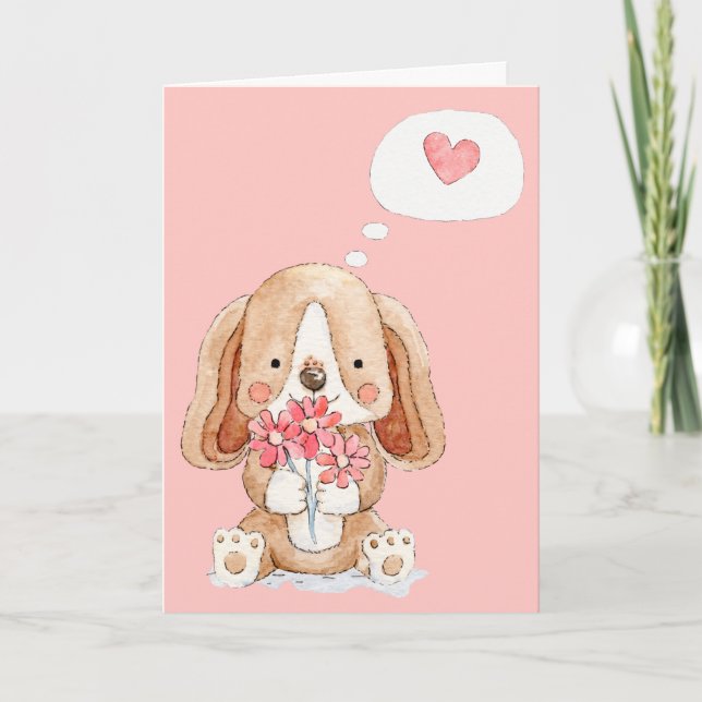 Puppy Dog with Flowers Thinking of You Card (Front)