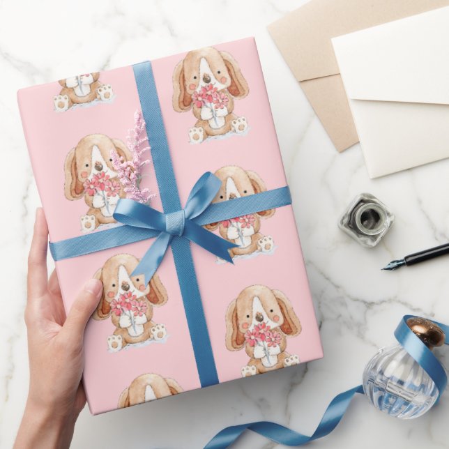 Puppy Dog with Flowers Wrapping Paper (Gifting)