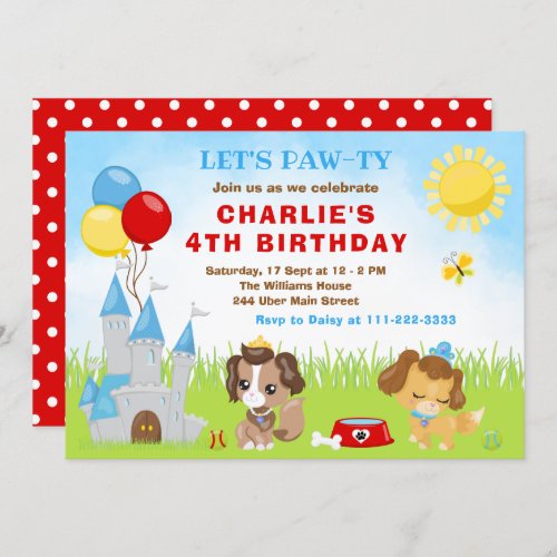 Puppy Dogs Castle Blue Birthday Party Invitation