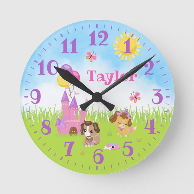 Puppy Dogs Castle Pink and Purple Round Clock (Front)