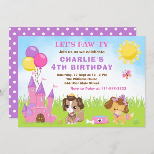 Puppy Dogs Castle Pink Birthday Party Invitation