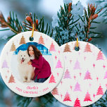Puppy Dogs First Christmas Custom Pet Photo Pink Ceramic Ornament<br><div class="desc">Personalize this Christmas ornament to celebrate your dog's first Christmas. The template is set up for you to add your favorite photo of your pet, a name and the year. Your photo is framed with pink and gold Christmas trees and stars, on a snow white background. The back of the...</div>