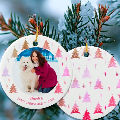 Puppy Dogs First Christmas Custom Pet Photo Pink Ceramic Ornament