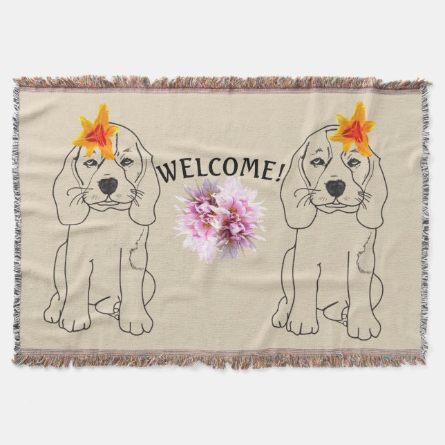Puppy Drawing Flowers Welcome Text Throw Blanket (Front)