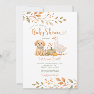 Puppy Duck Pumpkin Farm Fall Baby Shower Floral Invitation