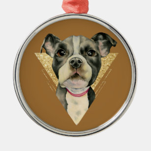 "Puppy Eyes" Pit Bull Dog Watercolor Painting 3 Metal Ornament