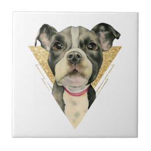 "Puppy Eyes" Pit Bull Dog Watercolor Painting 3 Tile
