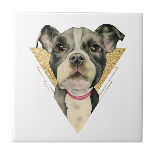 "Puppy Eyes" Pit Bull Dog Watercolor Painting 3 Tile (Front)