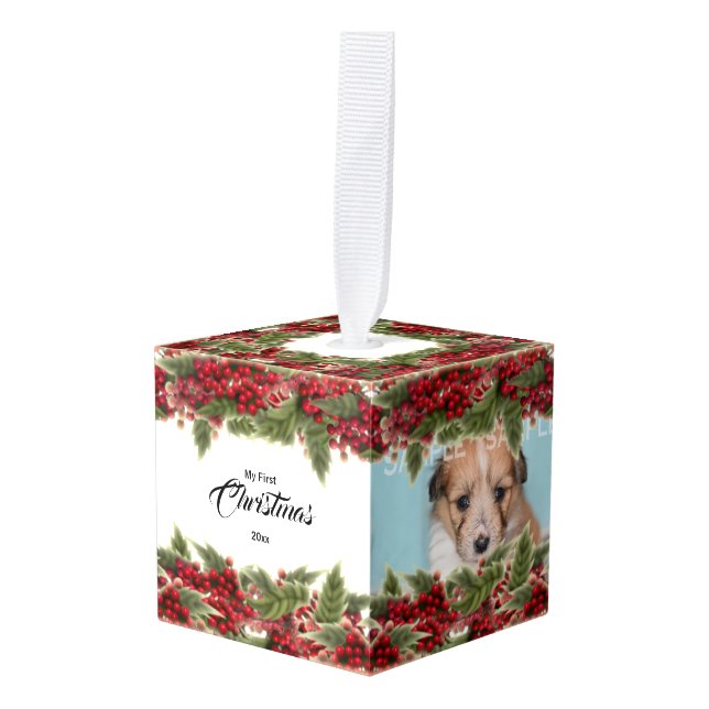 Puppy first christmas 3 photo red green wreath cube ornament (Front Angled)