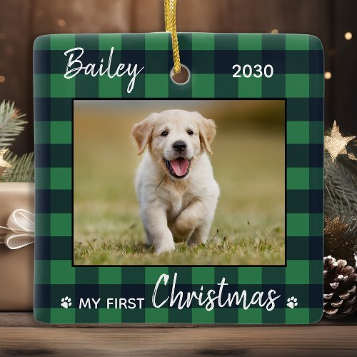 Puppy First Christmas Green Plaid Dog Pet Photo Ceramic Ornament