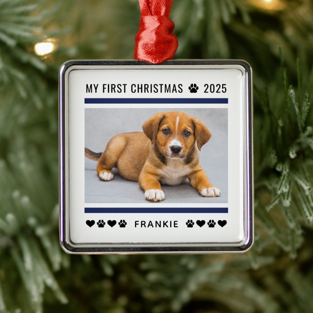 Puppy First Christmas Navy Blue Custom Photo Metal Ornament (Tree)