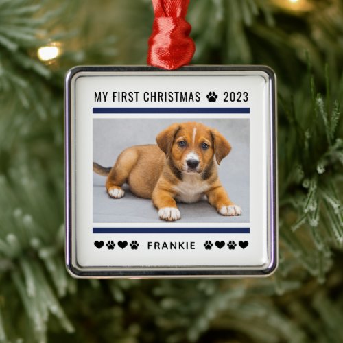 Puppy First Christmas Navy Blue Custom Photo Metal Ornament