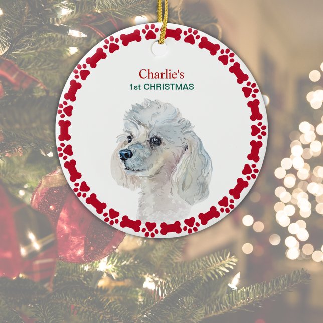 Puppy First Christmas Personalized Poodle Dog Ceramic Ornament (Customize with Dog's Name on front, Year on reverse.  Edit '1st Christmas' or delete if not wanted. )