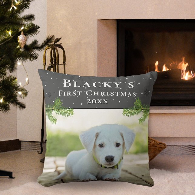 Puppy First Christmas Pine Dog Pet Photo Throw Pillow (Creator Uploaded)