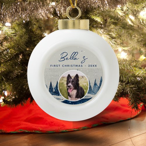 Puppy First Christmas Winter Forest Dog Photo  Ceramic Ball Christmas Ornament