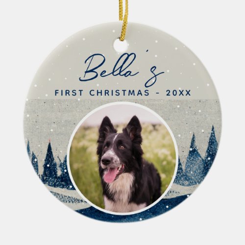Puppy First Christmas Winter Forest Dog Photo  Ceramic Ornament