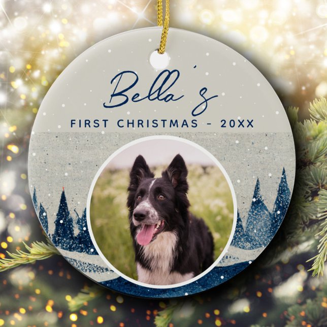 Puppy First Christmas Winter Forest Dog Photo  Ceramic Ornament (Creator Uploaded)