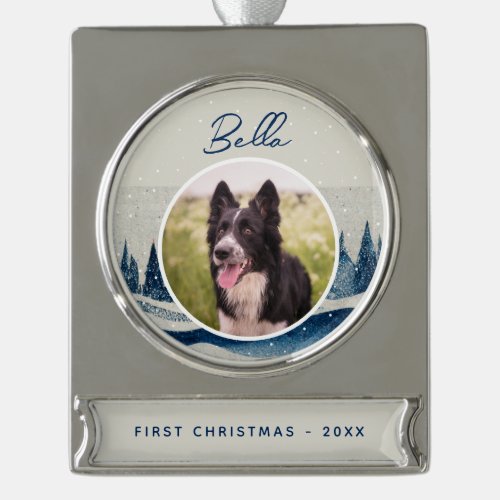 Puppy First Christmas Winter Forest Dog Photo  Silver Plated Banner Ornament